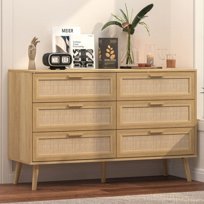 Astbury Chest of 6 Drawers Rattan Fronts & Solid Wooden Legs 120cm Wide