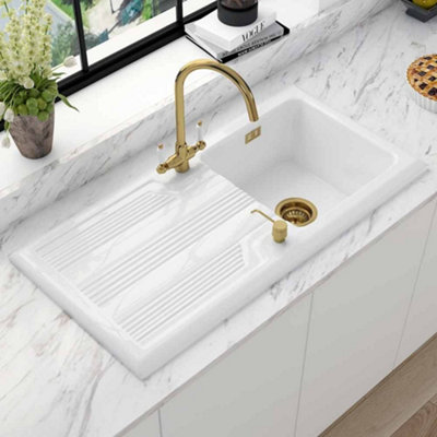 Astini Canterbury 100 1.0 Bowl Gloss White Ceramic Kitchen Sink & Gold ...