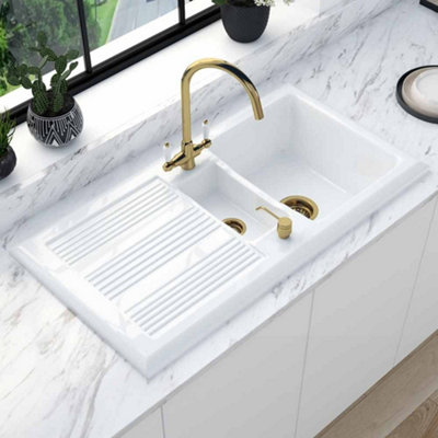 Astini Canterbury 150 1.5 Bowl Gloss White Ceramic Kitchen Sink & Gold ...