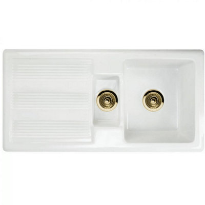 Astini Canterbury 150 1.5 Bowl Gloss White Ceramic Kitchen Sink & Gold ...