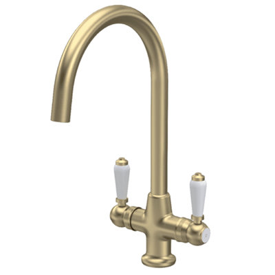 Astini Colonial Brushed Brass/Gold & White Handle Twin Lever Kitchen Tap