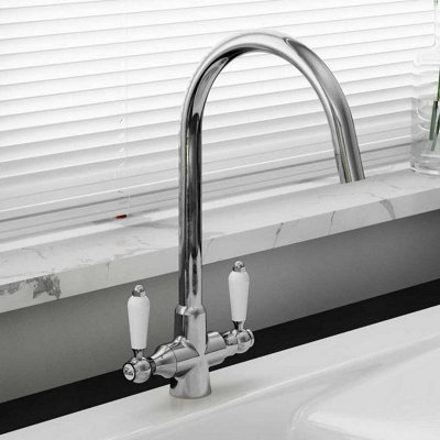 Astini Colonial Chrome & Double White Ceramic Handle Kitchen Sink Mixer Tap