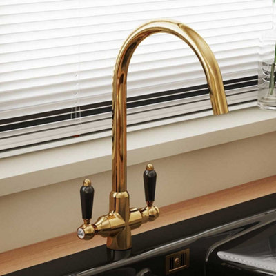 Astini Colonial English Gold & Black Ceramic Handle Twin Lever Kitchen ...