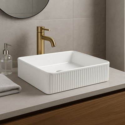 Astini Flauto 405x405mm Fluted Gloss White Square Countertop Basin, No Tap Holes