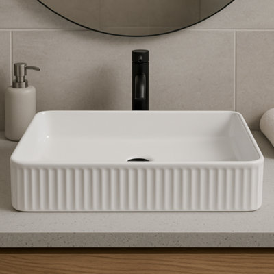 ELLAI Bathroom Vessel Sink Rectangle Above Counter Porcelain Ceramic Top Mount Rectanglar Countertop Sink For Bathroom 19.7"x15.2"x5.4" Matte Black