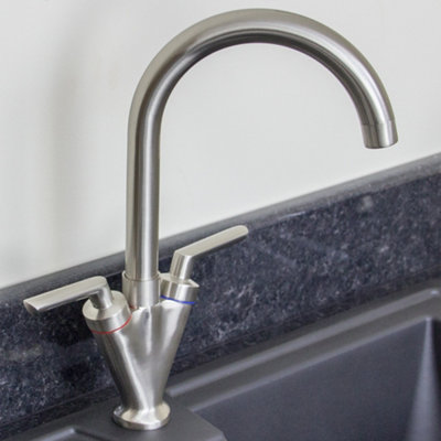 Astini Saturn Brushed Steel Twin Handle Swivel Spout Kitchen Sink Mixer Tap