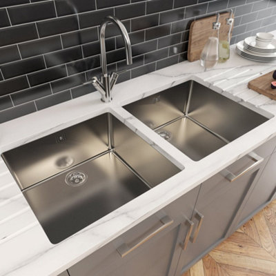 Astini Serena 2-Bowl Undermount Stainless Steel Kitchen Sink 888x444x200mm with 90mm Basket Wastes
