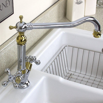Astini Traditional Polished Gold Twin-Handle Kitchen Mixer Tap (Deck-Mounted) 25441GC