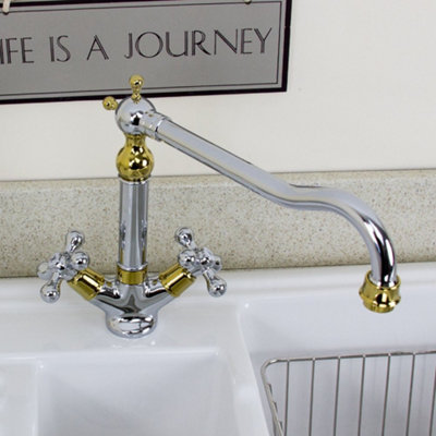 Astini Traditional Polished Gold Twin-Handle Kitchen Mixer Tap (Deck-Mounted) 25441GC