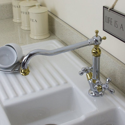 Astini Traditional Polished Gold Twin-Handle Kitchen Mixer Tap (Deck-Mounted) 25441GC