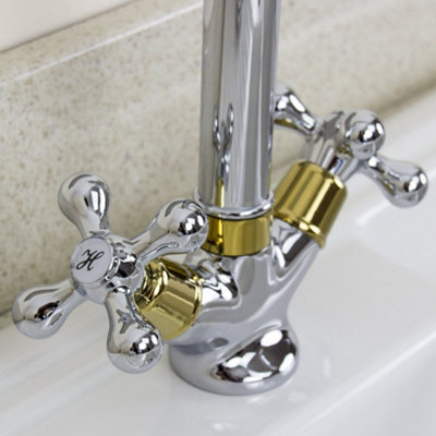 Astini Traditional Polished Gold Twin-Handle Kitchen Mixer Tap (Deck-Mounted) 25441GC
