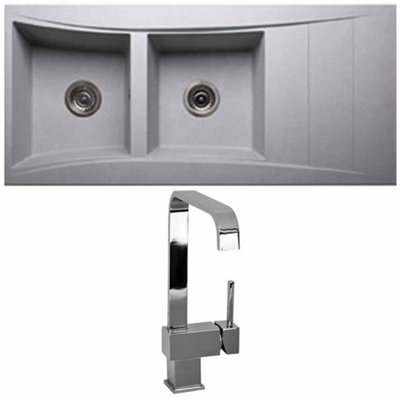 Astini Xeron 2.0 2-Bowl Reversible SMC Synthetic Inset Kitchen Sink with Tap & Waste, Black Matt