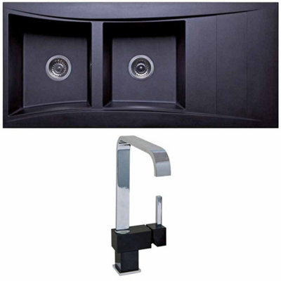 Astini Xeron 2.0 2-Bowl Reversible SMC Synthetic Inset Kitchen Sink with Tap & Waste, Black Matt