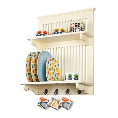 Aston Buttermilk Cream Wooden Kitchen Plate Rack Wall mounted Shelf and Hooks