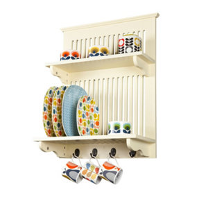 Aston Buttermilk / Cream Wooden Kitchen Plate Rack, Wall mounted Shelf and Hooks