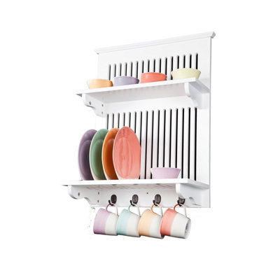 Aston White Wooden Kitchen Plate Rack Wall mounted Storage with Shelf and Hooks