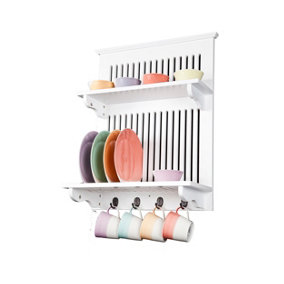 Aston White Wooden Kitchen Plate Rack, Wall mounted Storage with Shelf and Hooks