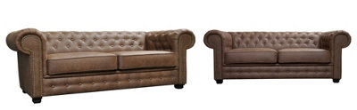 Astor Chesterfield Style Sofa Set 3+2 Seater Armchair Brown Faux ...