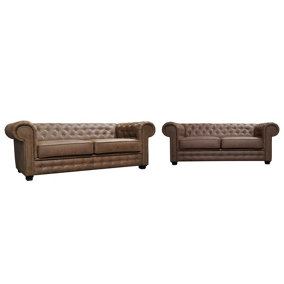 Astor Chesterfield Style Sofa Set 3+2 Seater Armchair Brown Faux Leather (3+2 Seater)