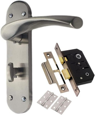 Astrid Backplate Bathroom Door Handles On Satin Steel Finish with Bathroom Lock and Hinges