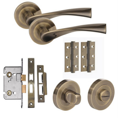 Astrid Design Bathroom Door Handle Set Thumbturn and Mortise Lock and Hinges Antique Brass