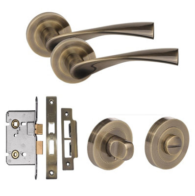 Astrid Design Bathroom Door Handle Set Thumbturn and Mortise Lock Antique Brass