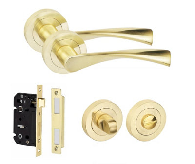 Astrid Design Bathroom Door Handle Set Thumbturn and Mortise Lock Satin Brass