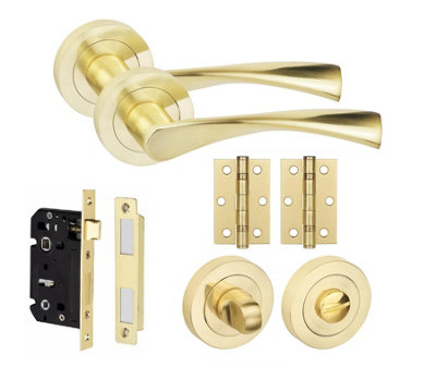 Astrid Design Bathroom Door Handle Set Thumbturn Hinges and Mortise Lock Satin Brass