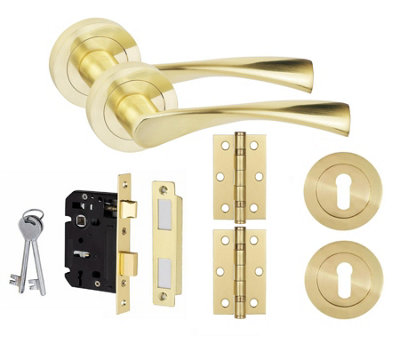 Astrid Design Key Lock Door Handle Set HInges and Mortise Lock Satin Brass
