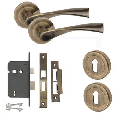 Astrid Design Key Lock Door Handle Set Thumbturn and Mortise Lock Antique Brass