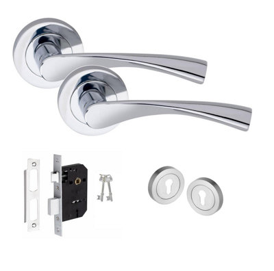 Astrid Design Key Lock Door Handle Set Thumbturn and Mortise Lock Polished Chrome