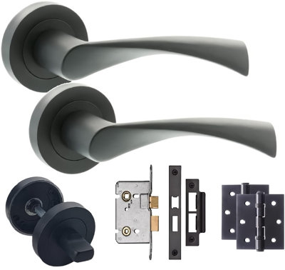 Astrid Twist Design Matt Black Finish Door Handles On Rose with Ball Bearing Hinges Bathroom Handle - GG