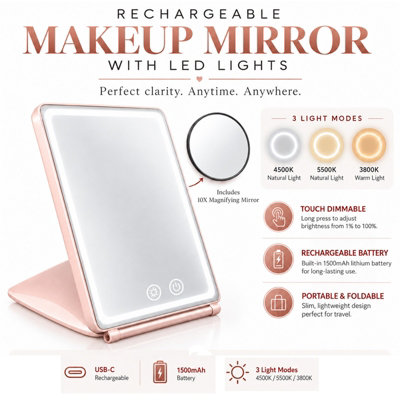 ATEK Rechargeable LED Makeup Mirror 10X Magnify 3 Light Modes Travel