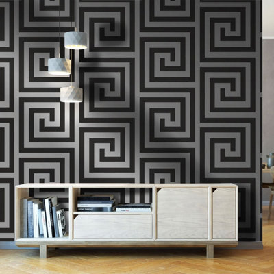 Athena Geometric Wallpaper Black / Silver Debona 4010