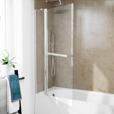 Athens 1000mm Square Glass Bath Screen Swing Door & Towel Bar Chrome - 3