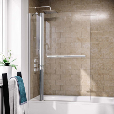 Athens 1000mm Square Glass Bath Screen Swing Door & Towel Bar Chrome - 4