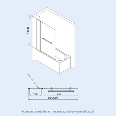 Athens 1000mm Square Glass Bath Screen Swing Door & Towel Bar Chrome - 8