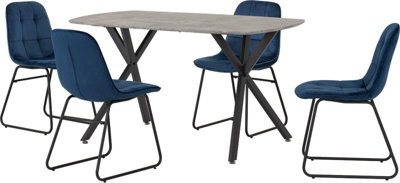 Athens Concrete Effect Rectangular Dining Set with Blue Velvet Chairs