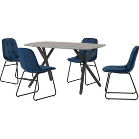 Athens Concrete Effect Rectangular Dining Set with Blue Velvet Chairs