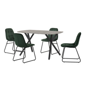 Athens Dining Set Concrete Effect with 4 Green Velvet Chairs