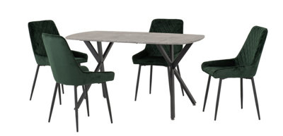 Athens Dining Set Concrete Effect with Green Velvet Chairs