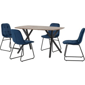 Athens Dining Set Medium Oak Effect with Blue Velvet Chairs