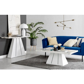 Athens Luxury Matte White Marble Effect Coffee Table with Statement Triangular Structural Plinth Leg for Modern Minimalist Style