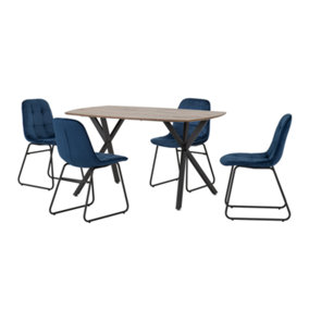 Athens Rectangular Dining Set with 4 Blue Velvet Chairs Medium Oak Effect