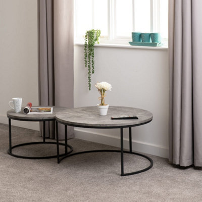 Athens Round Nest of 2 Tables in Concrete Effect and Black Metal