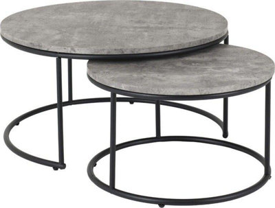 Athens Round Nest of 2 Tables in Concrete Effect and Black Metal