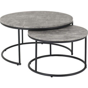 Athens Round Nest of 2 Tables in Concrete Effect and Black Metal