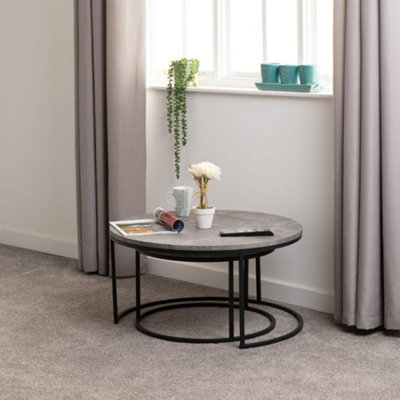 Athens Round Nest of 2 Tables in Concrete Effect and Black Metal