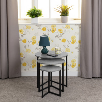 Athens Round Nest of 3 Tables in Concrete Effect and Black Metal