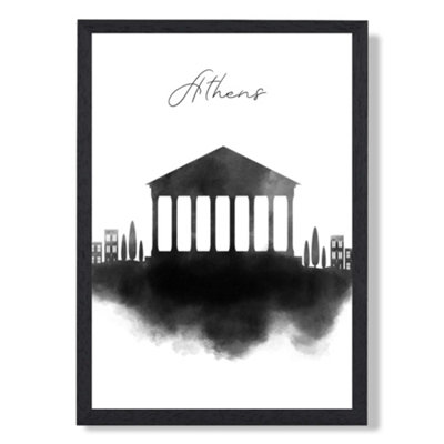 Athens Watercolour Skyline City Framed Print SIZE: A2 with Black Frame